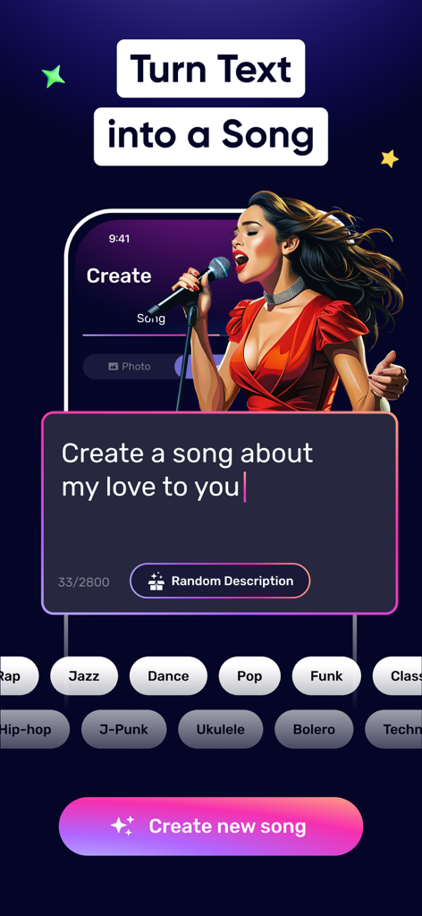 Interfaz de la aplicación AIR Music mostrando cómo convertir una indicación de texto en una canción con opciones de género como pop y jazz