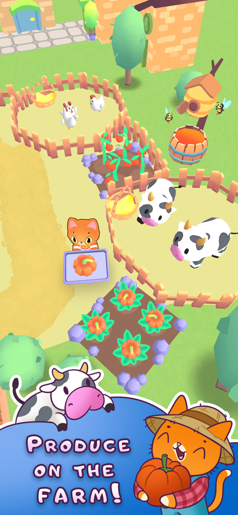 Simba Cafe - Simba the cat harvesting pumpkins on a farm with cows and chickens