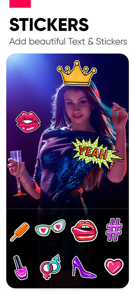 Mobile app interface showing a photo of a woman decorated with digital stickers like a crown and comic speech bubbles