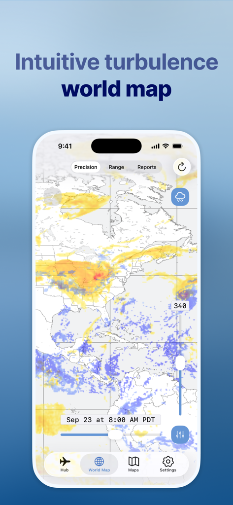 Carte du monde intuitive de l'application Prévisions de turbulences montrant les données de turbulence en Amérique du Nord.