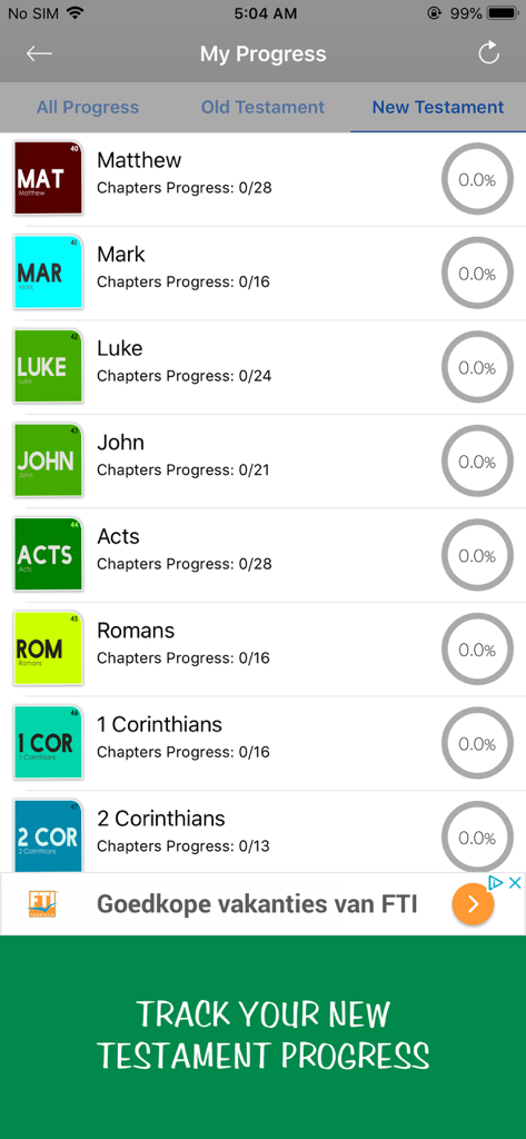 A screen displaying reading progress for New Testament books including Matthew Mark and Luke