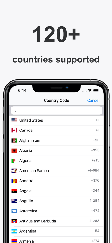 FaxGun app interface showing a list of over 120 supported countries for international faxing