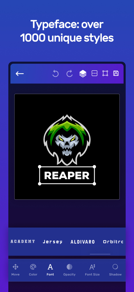 Gaming Logo Esport Maker - A screen of the gaming logo maker app featuring a reaper mascot and various font style choices