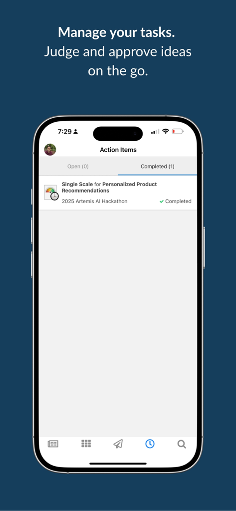 Interface do aplicativo móvel Ideas by Brightidea mostrando a tela de Itens de Ação com uma tarefa concluída para avaliar uma ideia de recomendação de produto