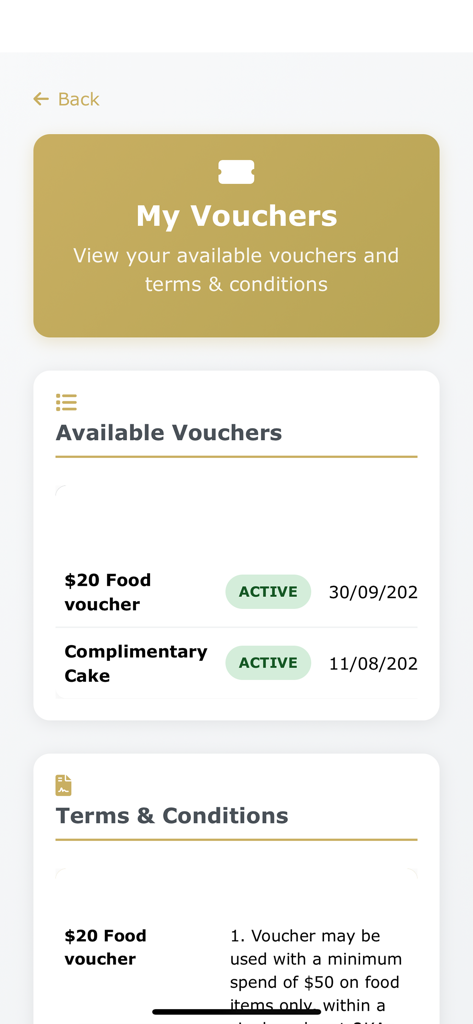 SICC - SICC app My Vouchers screen displaying active food and cake rewards with terms and conditions