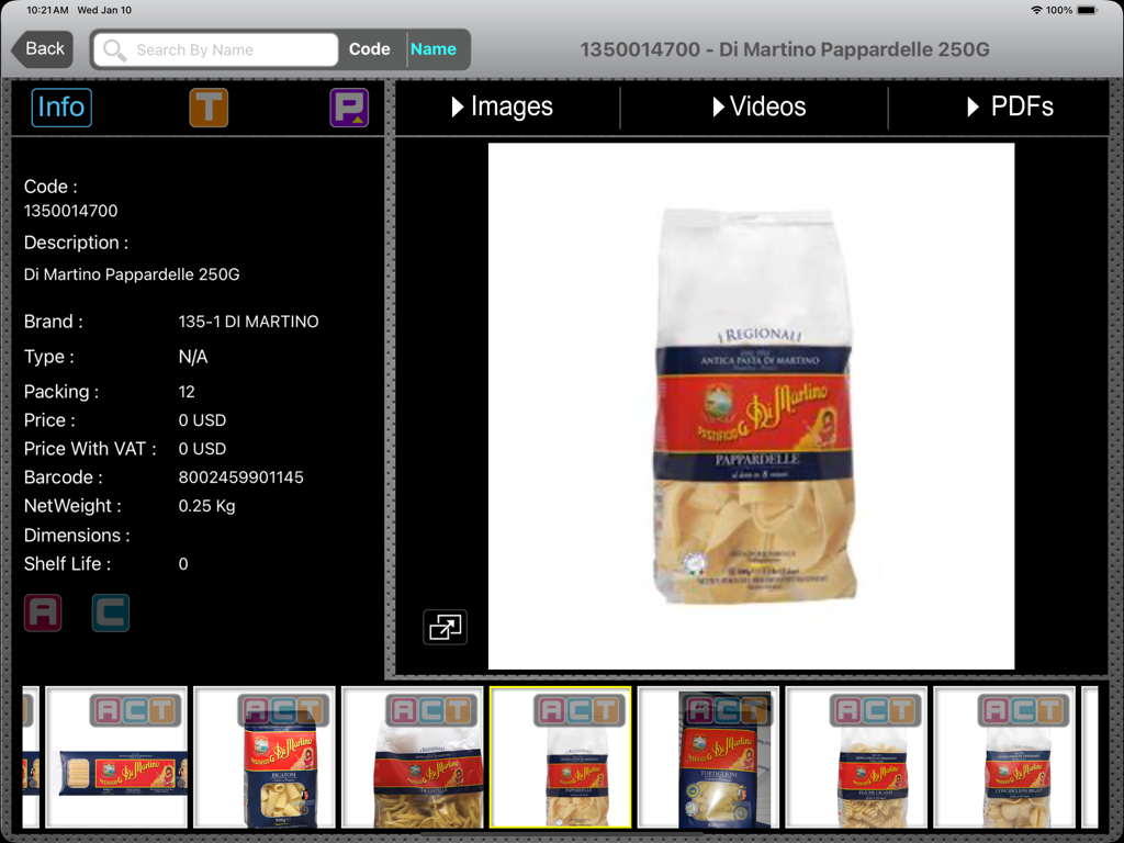 Obegi Catalog - Obegi Catalog product detail screen on iPad showing pasta specifications and image gallery