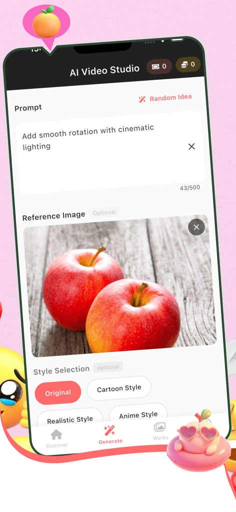 FiMio - FiMioアプリのインターフェース。プロンプトボックスと赤いリンゴの参照画像が表示されたAIビデオ生成画面を表示しています。