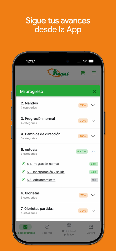 Captura de pantalla de la aplicación Torcal Autoescuelas que muestra el panel de progreso del estudiante con porcentajes de finalización para varios módulos de conducción.