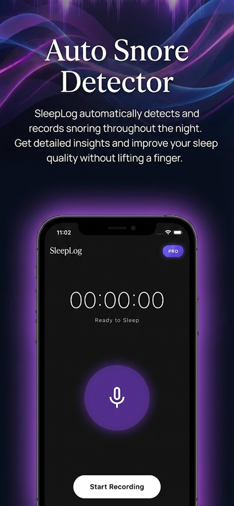 SleepLog: AI Snore Recorder - SleepLogアプリのインターフェース。「Auto Snore Detector」機能が表示され、録音開始ボタンとデジタルタイマーがあります。