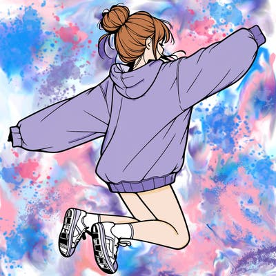 realistic girl jumping with a bun and oversized sweatshirt