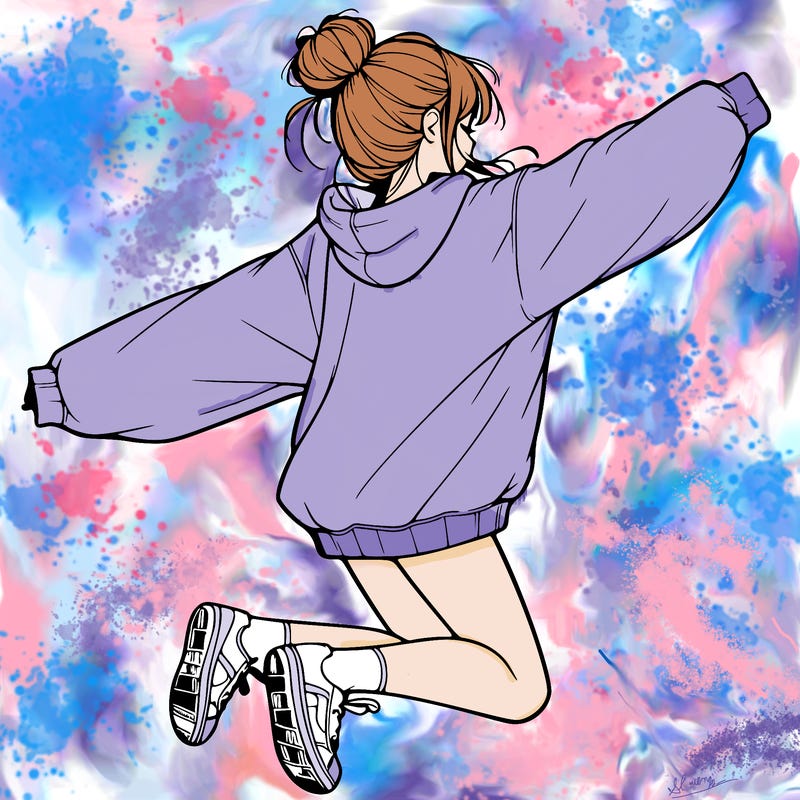 realistic girl jumping with a bun and oversized sweatshirt