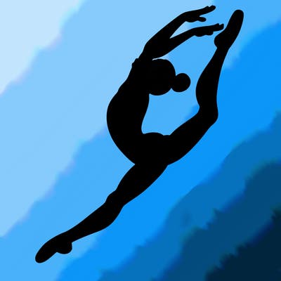 gymnast doing a leap in a leotard with a bent back leg