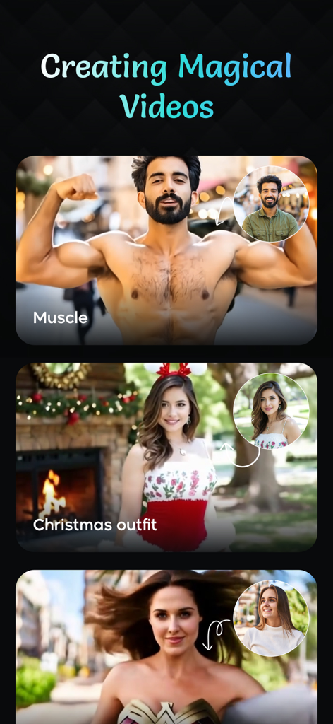 AI Kiss Video Maker : AI Hug - Interface showing AI photo transformations including muscle building, Christmas outfits, and superhero styles