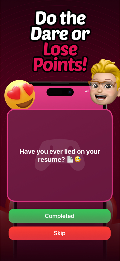 Truth or Dare Spicy Party Game - Tela de um jogo móvel do Jogo Picante de Verdade ou Desafio mostrando uma pergunta sobre mentir em um currículo com botões para completar ou pular.