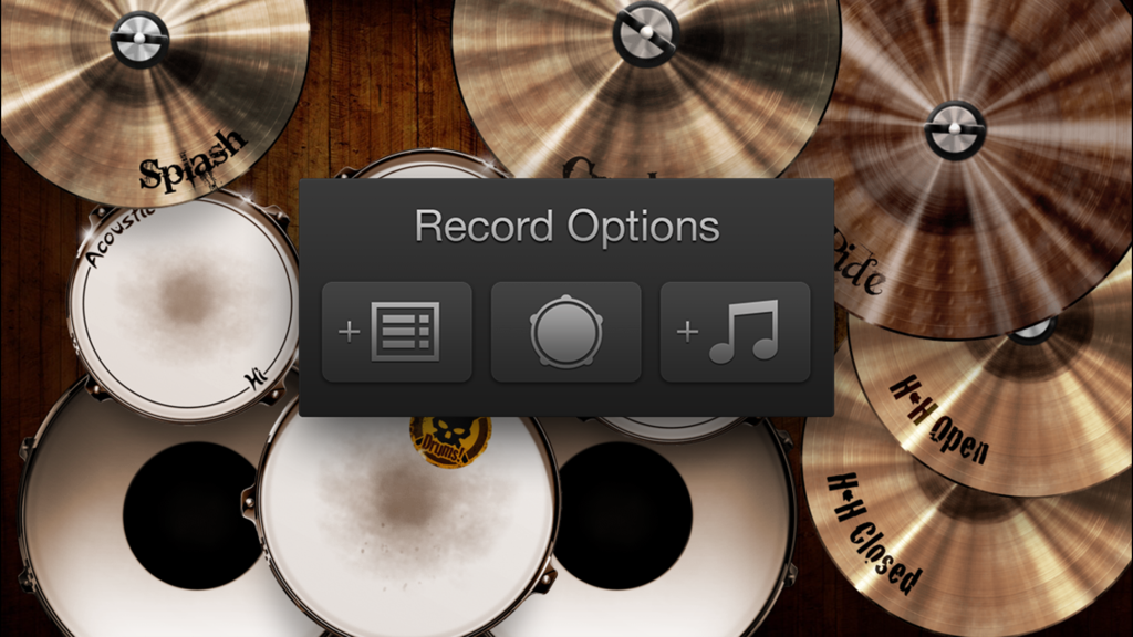Drums! - A studio quality drum kit in your pocket - Record options menu overlaying a realistic virtual drum kit in the Drums app