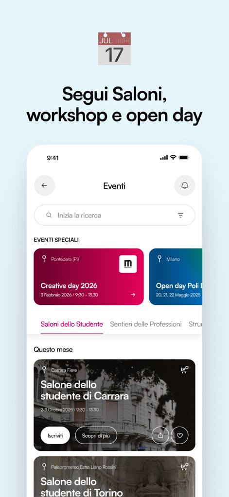 Screenshot of the CampusHub app events section showing student salons workshops and open days