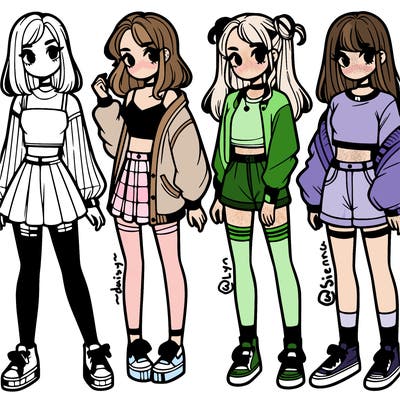 one girl with crop-top shirt and a jacket with a skirt, long socks and another girl with a shirt and pants with a jacket