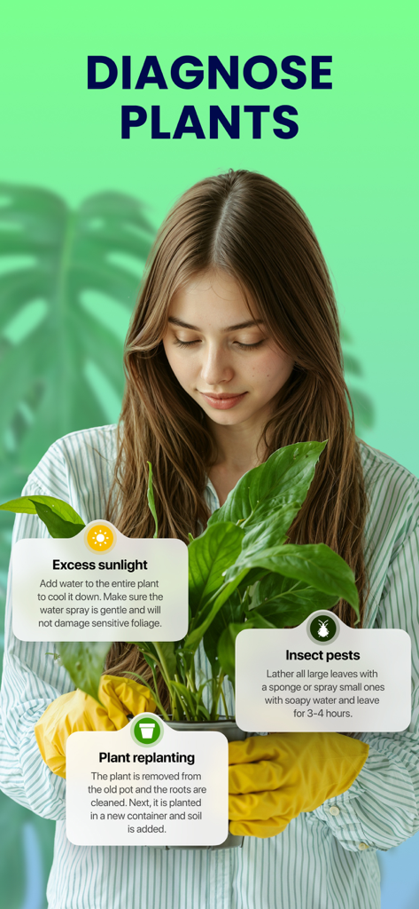 Plant ID - Identifier & Care - Plant ID app interface for diagnosing plant health issues with personalized care tips