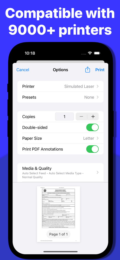Printer Pro: Scan & Print - Pantalla de configuración de la aplicación Printer Pro que muestra opciones de impresión y compatibilidad con miles de impresoras