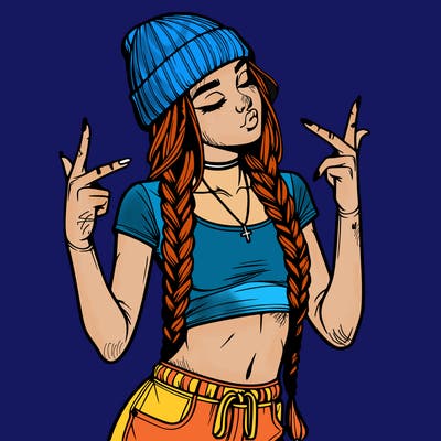 realistic teenage girl with braids and a beanie and crop top doing 🫶🏼