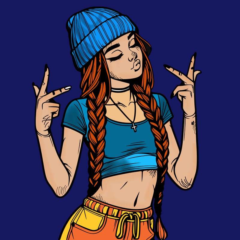 realistic teenage girl with braids and a beanie and crop top doing 🫶🏼