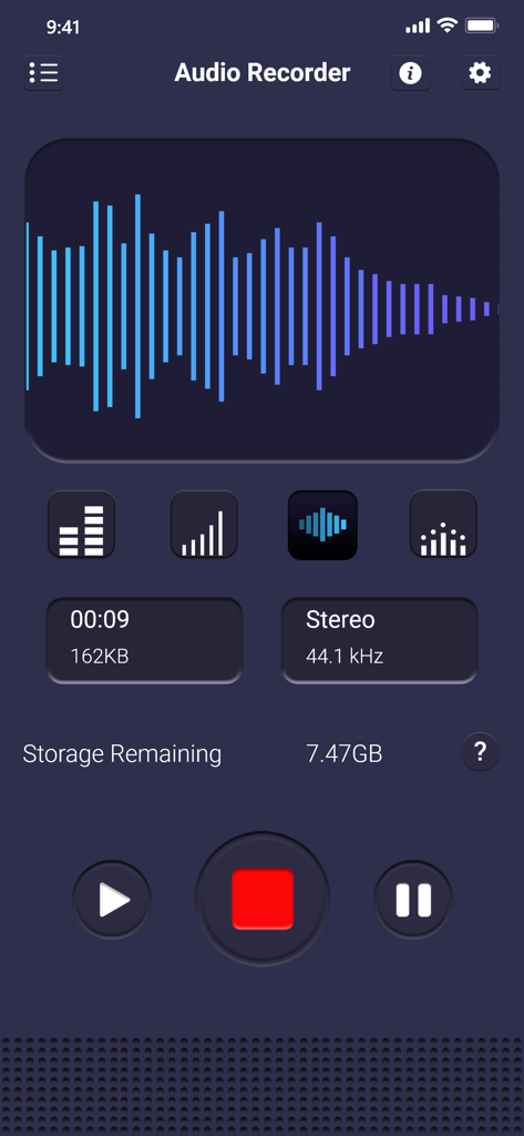 Voice recorder: Audio editor - Voice recorder app interface with audio waveform and recording controls