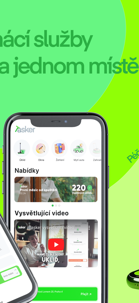 Tasker ČR - Tasker app home screen showing various home service categories like cleaning and ironing