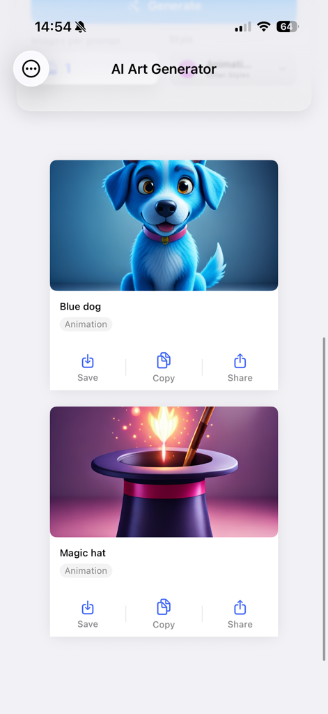 Image Play Studio - Gallery of AI-generated images in animation style featuring a blue dog and a magic hat