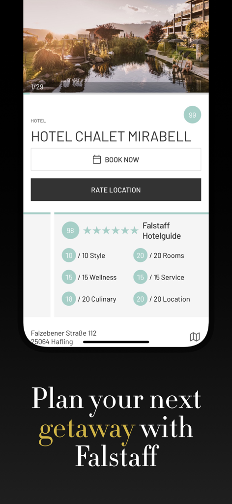 Falstaff Guide - Falstaff Guide app interface showing luxury hotel ratings and booking options for Hotel Chalet Mirabell