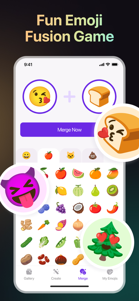 AI Emoji Maker - Merge Emoji - A mobile app interface showing the merge feature where a kissing face emoji and a bread emoji are combined into a new creation
