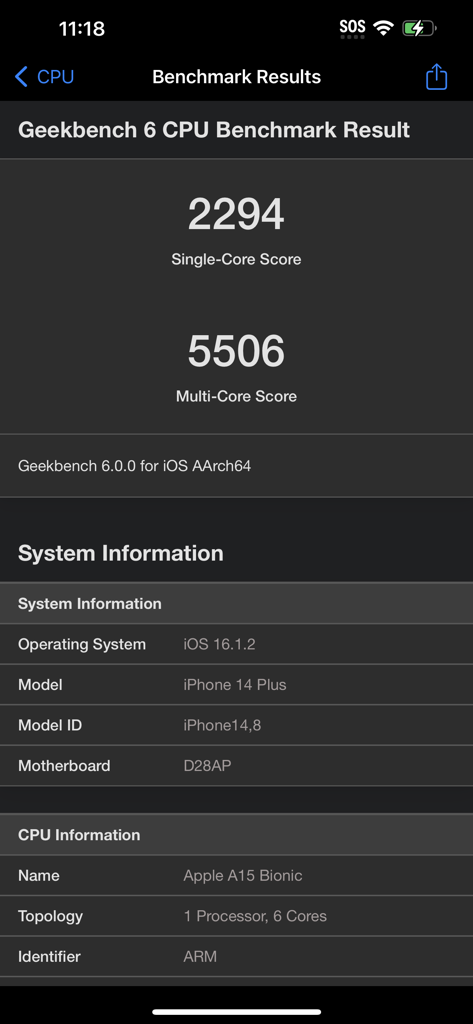 Geekbench 6 CPU benchmark result screen with single-core and multi-core scores for iPhone 14 Plus