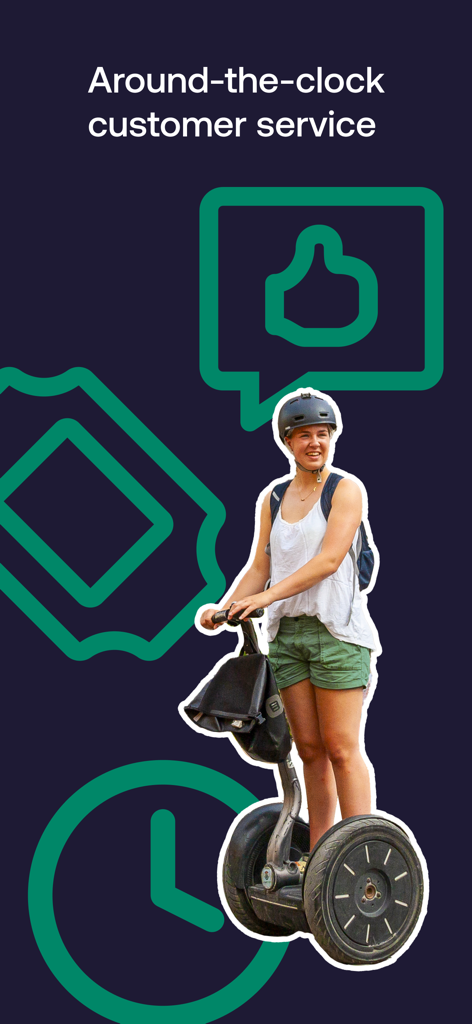 Viator Tours & Attractions - A woman riding a Segway on a tour with icons representing 24/7 customer service and support