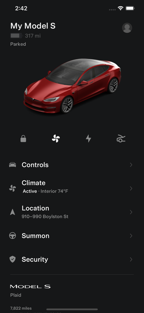 Tesla mobile app dashboard showing a red Model S vehicle with status and controls