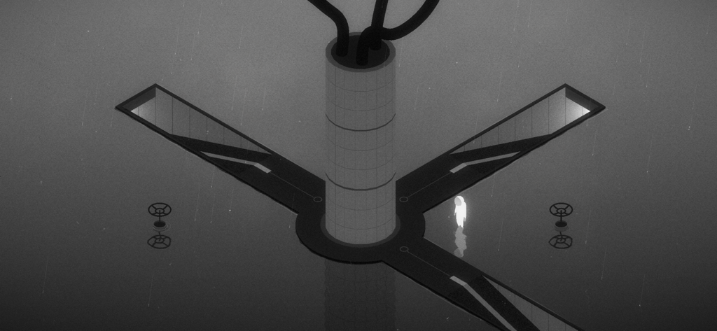 Eine leuchtend weiße Figur auf einer monochromen geometrischen Struktur in einer regnerischen Atmosphäre