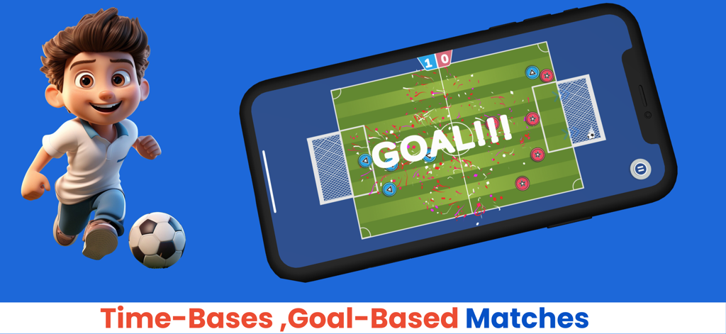 Mini Soccer Star 2 Player Game - Un niño de dibujos animados corriendo con un balón de fútbol junto a un smartphone que muestra un gol en un minipartido de fútbol