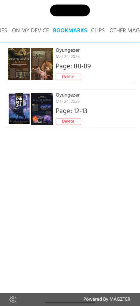 Bookmarks section of the Oyungezer gaming magazine app showing saved pages and articles.