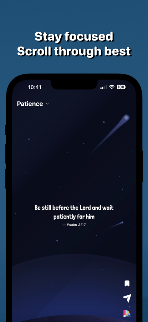 Bible Quotes ai: Verse Widget - A mobile screen showing a Bible verse from Psalm 37:7 about patience with a shooting star background.
