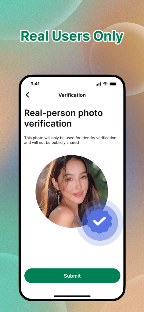 Higo: Local Meet Global - Mobile screen showing the real person photo verification process with a verified badge icon