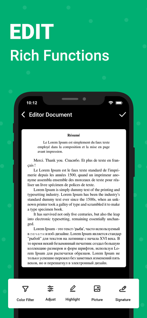 Écran de l'application OKEN montrant des fonctions d'édition de documents avancées telles que la signature et la mise en surbrillance.