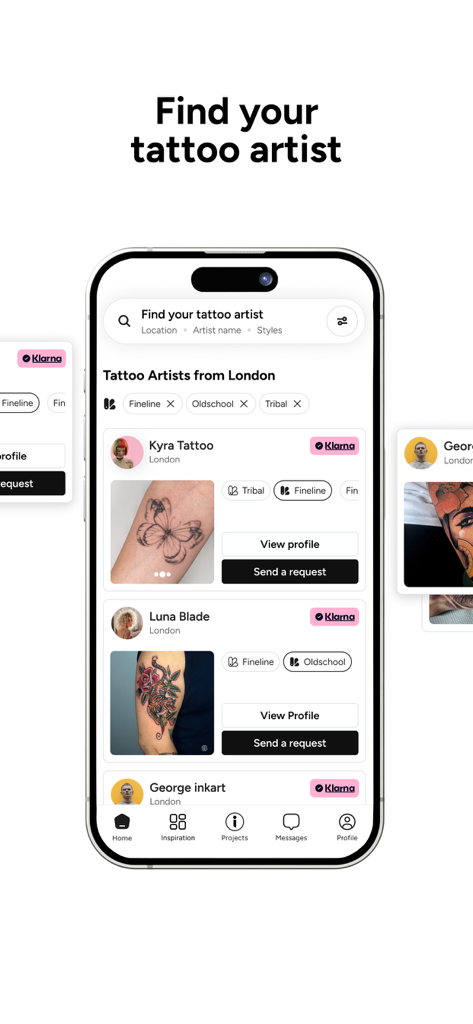 inckd. - Mobile app interface of inckd showing a list of tattoo artists in London with portfolio images and Klarna financing badges.