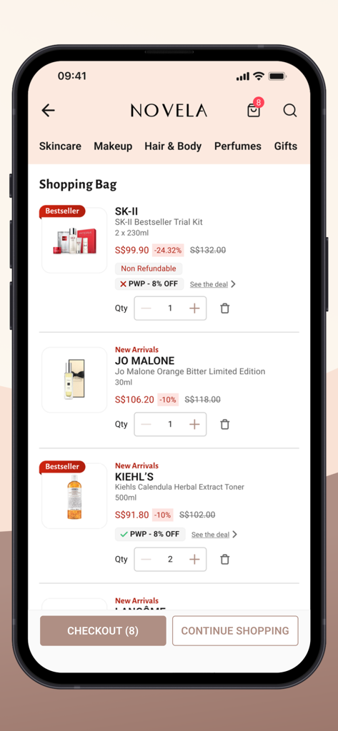 Novela – Shop Beauty & Makeup - Un écran d'application mobile montrant le panier Novela avec des produits de beauté de luxe de SK-II, Jo Malone et Kiehl's.