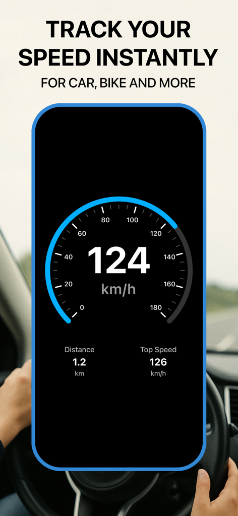 Digital speedometer interface on a smartphone screen showing speed distance and top speed in a car setting