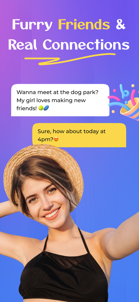 Une femme souriante organisant une rencontre au parc à chiens via l'interface de chat de l'application PairMate
