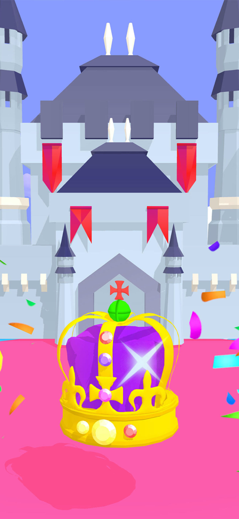 Princess Dress up Wedding Game - 白い城の前、ピンクのカーペットの上に輝く金色の王冠があり、紙吹雪が舞っている。