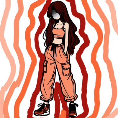 girl in baggy pants crop top and long hair