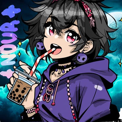 hot baddie anime girl drinking boba and biting the straw