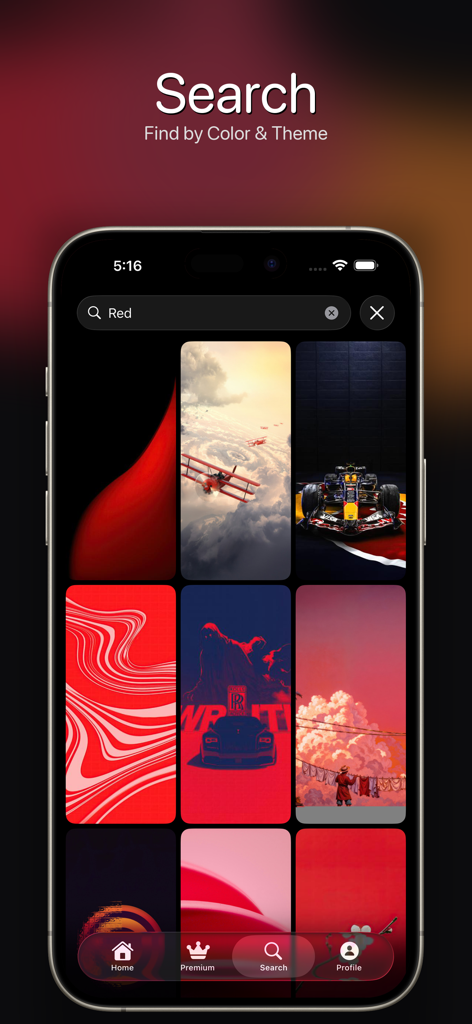 HDQWalls - Search screen of HDQWalls app displaying red themed wallpapers
