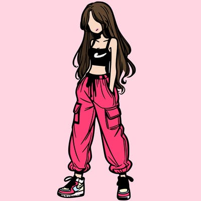 girl in baggy pants crop top and long hair