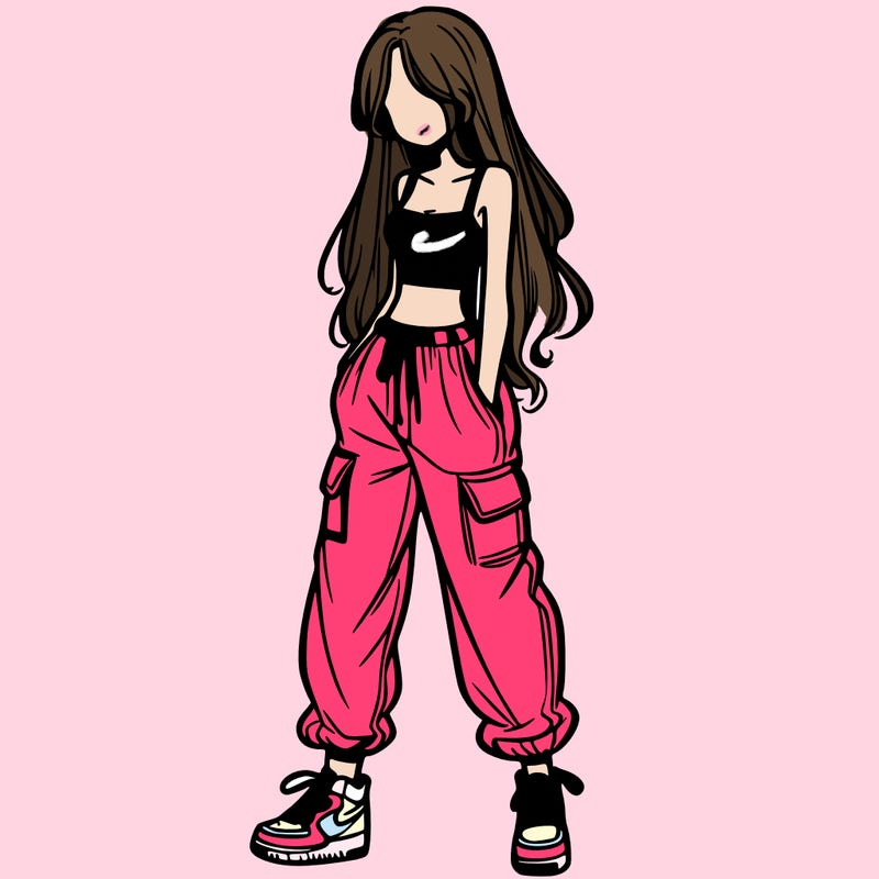 girl in baggy pants crop top and long hair