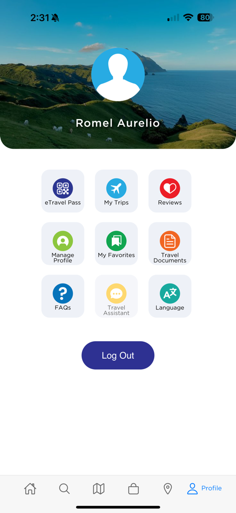 Travel Philippines - User profile dashboard in the Travel Philippines app showing account options and travel tools.